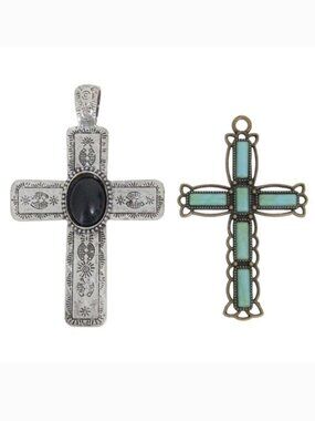 Large Christian‎ Cross Turquoise Black Silver Pendants for Necklaces (Set of 2)